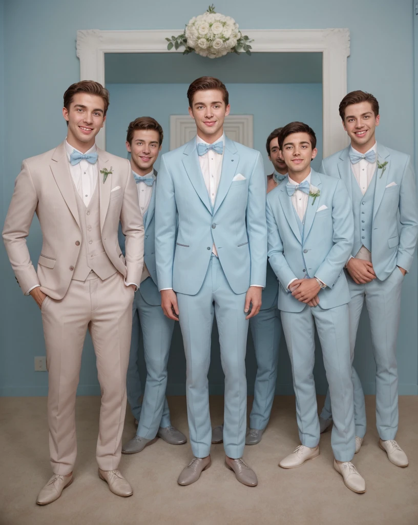 Group of rich and smart boys in pastel blue tuxedos for a wedding , ultra realistic