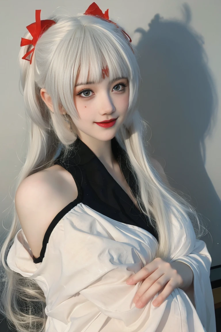 best quality, tmasterpiece,Ultra-high resolution,Clear face,（Reality：1.4），ferpect lighting，(full body photo), (photorealistic:1.50), anime wallpaper, Guviz style artwork, cover-up fantasy up to magic , by Yang J, Guviz, beautiful artwork illustration, beautiful digital artwork, beautiful digital illustration, Li Song, beautiful anime portrait, art style in Beauvot, 1girl,独奏, white hair, hair ornament,  long hair, twintails, Double good, bangs, jewelry, Earring, blue eyes, Double eyelids, Blush, Cheeks flushed, smile, kimono, white dress, ribbon, Shiranui in Onmyoji,