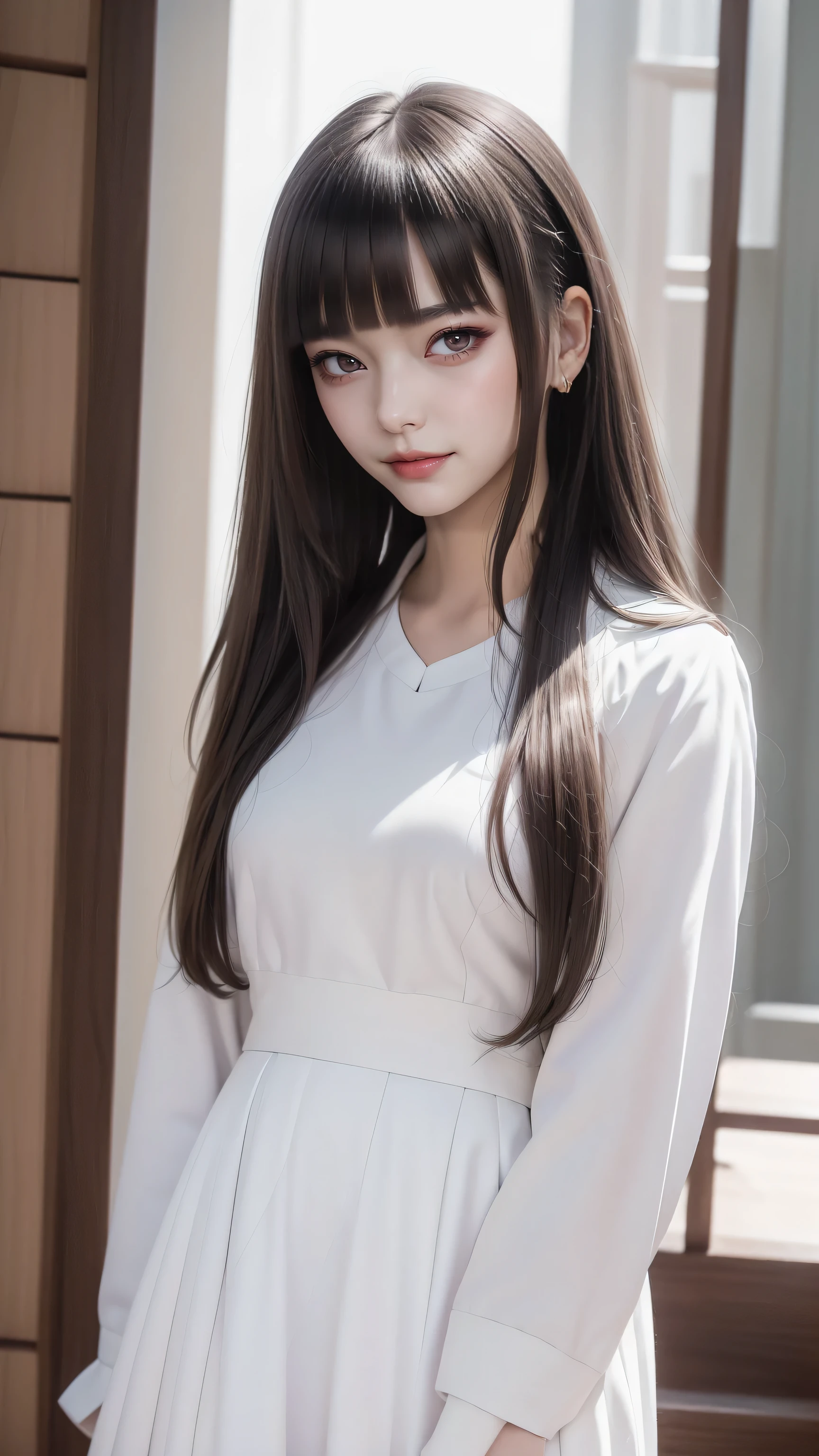 ((Straight bangs、Princess Bang)),((Very heavy、Voluminous bangs:1.1)),((very long、Very heavy、Very voluminous side locks:1. 1))、Hime cut、Straight bangs、Round face ugly bangs、Ugly long bangs、Bangs straight、(Masterpiece、highest quality:1. 5)、(Ultra Fine 8K CG:1.4)、(ハイパーReal:1.25)、(フォトReal:1.25)、(Real:1.4)、(View Top:1.35)、(from the front:1.4)、(Smile 1. 3)、1 Japan Beautiful Girl、19 years old、Supermodel、Japanese Idols、(smile)、(Girls' school uniform)、 ((White jacket with emblem on chest))、((White blouse))、((Navy checked flared skirt:1.1))、 ((High school girl standing in front of the stairs:1.4))、