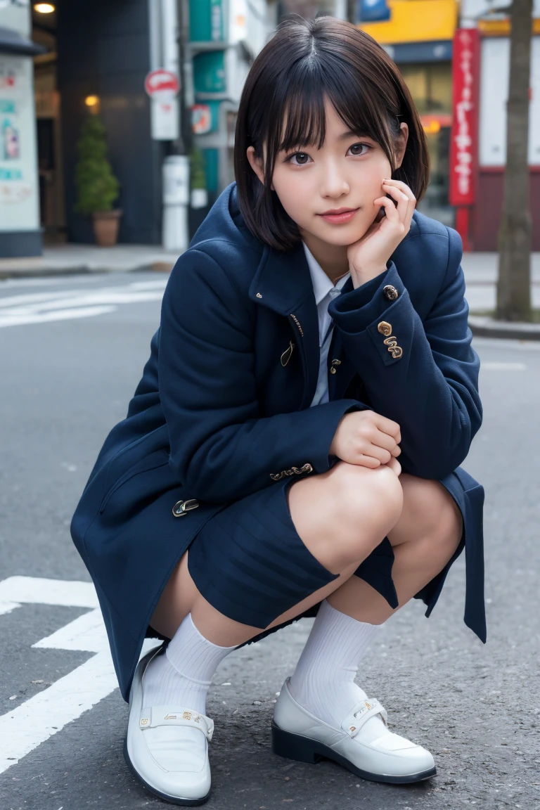Highest quality, masterpiece, Ultra-high resolution, (Realistic:1.4), Raw photo, Very detailed, Perfect Anatomy, One girl, 12 years old, Most popular Japanese idols, Squat down with your feet tightly together, Put your hand on your cheek, On the streets of Japan in winter, An innocent smile, View your viewers, ((Panty shot, Under the skirt):1.3), (((Wearing white panties))), Detailed white panties, Very beautiful thighs and knees, ((extremely beautiful detailed crotch Wearing white panties)), Very beautiful legs, (She is wearing a navy blue pleated skirt and a brown duffle long coat.), Navy blue pleated skirt with attention to detail, Brown duffle long coat with attention to detail, Wearing black loafers and white socks on both feet, Very cute face like a famous Japanese idol, Very beautiful big black round eyes, Very beautiful black short hair, Cute face with attention to detail, Large, detailed, round black eyes, Detailed beautiful short black hair
