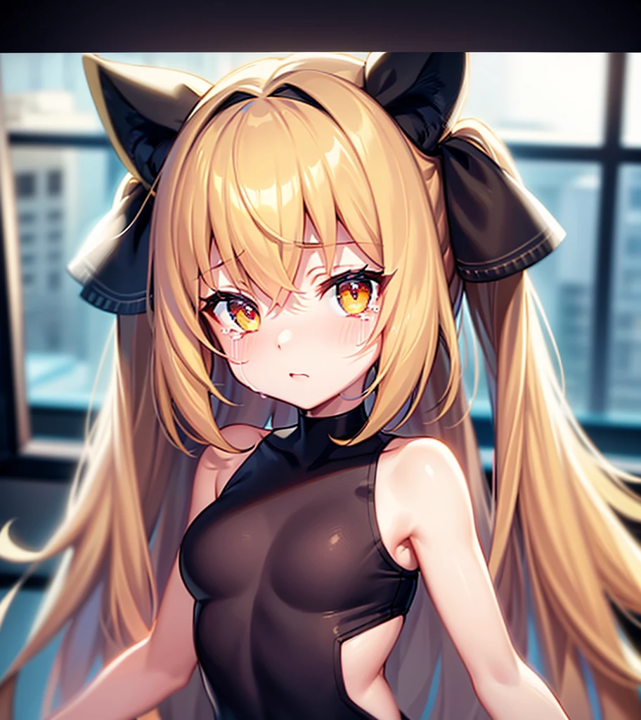 (((tearful))),close your eyes,Cute little ,Tiny ,Small girl,,Childish face, Very fine clean face,Top quality, Big eyes,Straight Hair,Yellow hair,Crimson Eye,(Dark Room), Subtle light, Natural light,Soft lighting,Light from directly behind, (Are standing),Front view,Black background
