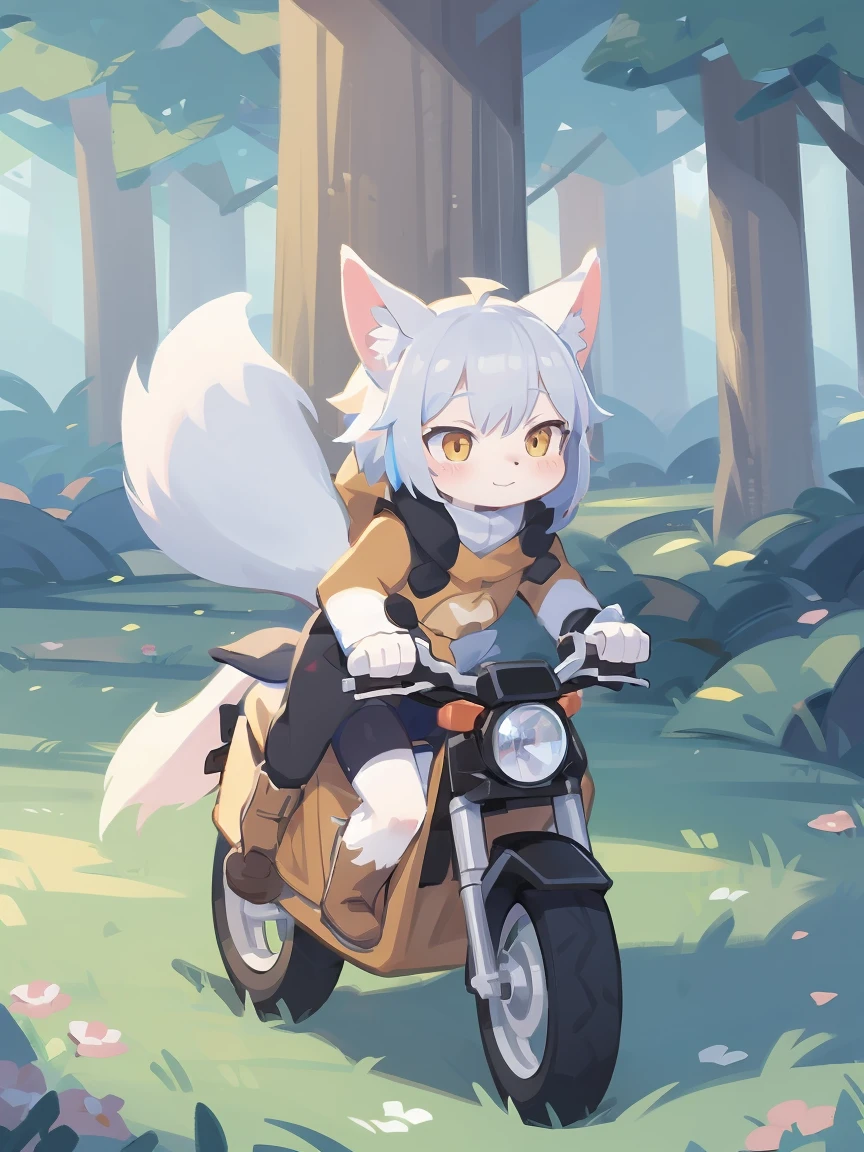a close up of a person riding a horse in a forest, holo is a wolf girl, genshin, holo if a wolf girl, foxgirl, kemono, trending on artstation pixiv, fox mccloud, riding a giant silver wolf, from cryptid academia, white fox anime, made with anime painter studio, fox from league of legends chibi