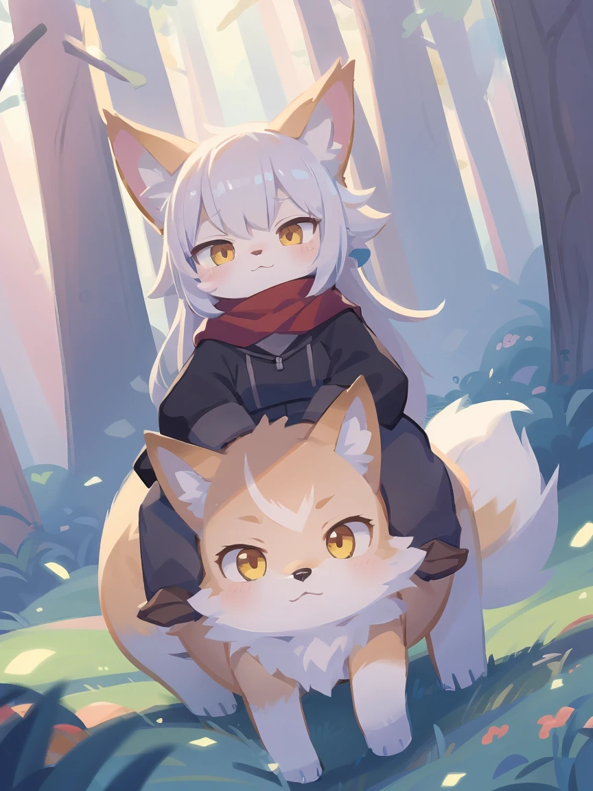a close up of a person riding a horse in a forest, holo is a wolf girl, genshin, holo if a wolf girl, foxgirl, kemono, trending on artstation pixiv, fox mccloud, riding a giant silver wolf, from cryptid academia, white fox anime, made with anime painter studio, fox from league of legends chibi