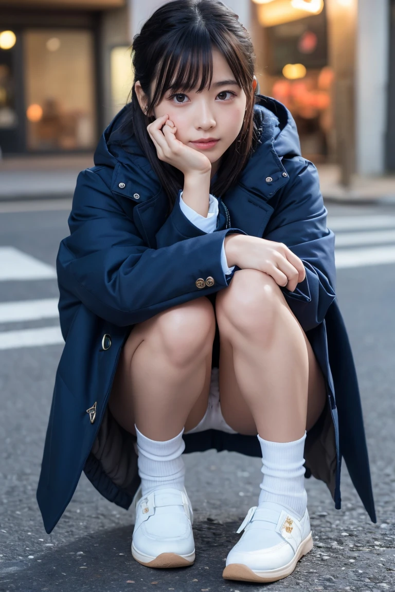 Highest quality, masterpiece, Ultra-high resolution, (Realistic:1.4), Raw photo, Very detailed, Perfect Anatomy, One girl, , Most popular Japanese idols, Squat down with your feet tightly together, Put your hand on your cheek, On the streets of Japan in winter, An innocent smile, View your viewers, ((Panty shot, Under the skirt):1.3), (((Wearing white panties))), Detailed white panties, Very beautiful thighs and knees, ((extremely beautiful detailed crotch Wearing white panties)), Very beautiful legs, (She is wearing a navy blue pleated skirt and a brown duffle long coat.), Navy blue pleated skirt with attention to detail, Brown duffle long coat with attention to detail, Wearing black loafers and white socks on both feet, Very cute face like a famous Japanese idol, Very beautiful big black round eyes, Very beautiful black short hair, Cute face with attention to detail, Large, detailed, round black eyes, Detailed beautiful short black hair