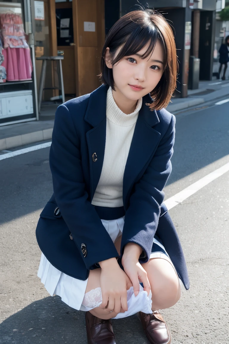 Highest quality, masterpiece, Ultra-high resolution, (Realistic:1.4), Raw photo, Very detailed, Perfect Anatomy, One girl, 12 years old, Most popular Japanese idols, Squat down with your feet tightly together, Put your hand on your cheek, On the streets of Japan in winter, An innocent smile, View your viewers, ((Panty shot, Under the skirt):1.3), (((Wearing white panties))), Detailed white panties, Very beautiful thighs and knees, ((extremely beautiful detailed crotch Wearing white panties)), Very beautiful legs, (She is wearing a navy blue pleated skirt and a brown duffle long coat.), Navy blue pleated skirt with attention to detail, Brown duffle long coat with attention to detail, Wearing black loafers and white socks on both feet, Very cute face like a famous Japanese idol, Very beautiful big black round eyes, Very beautiful black short hair, Cute face with attention to detail, Large, detailed, round black eyes, Detailed beautiful short black hair