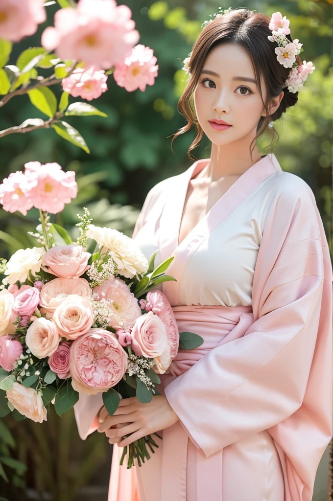 Large Breasts、pink kimono、Cinematic atmosphere、Professional composition、Natural Body、Gorgeous flower arrangement、flower arrangement、White Space、looking at the camera、real、nature