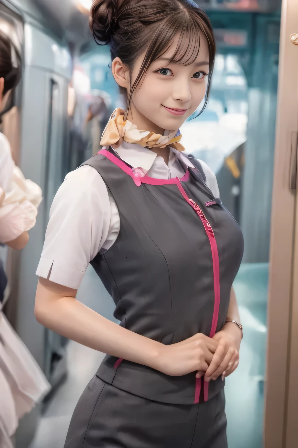 (masterpiece:1.2, Highest quality:1.2), 32k HDR, High resolution, (alone、One Girl)、（Ride the bullet train、Professional Lighting）、Background in the car、（Realistic style of JR Gran Class crew uniform）、Short sleeve blouse、a scarf around the neck、（JR Gran Class flight attendant uniform with pink parts on the skirt sleeves）、（The uniform of the flight attendants of JR Gran Class has a pink line on the front zipper of the vest..）、Dark brown hair、（Hair tied up、Hair Bun、Hair Bun）、Dark brown hair、Long Shot、Big Breasts、（（Great hands：2.0）），（（Harmonious body proportions：1.5）），（（Normal limbs：2.0）），（（Normal finger：2.0）），（（Delicate eyes：2.0）），（（Normal eyes：2.0））)、Luxury Necklace、smile、Beautiful standing posture,