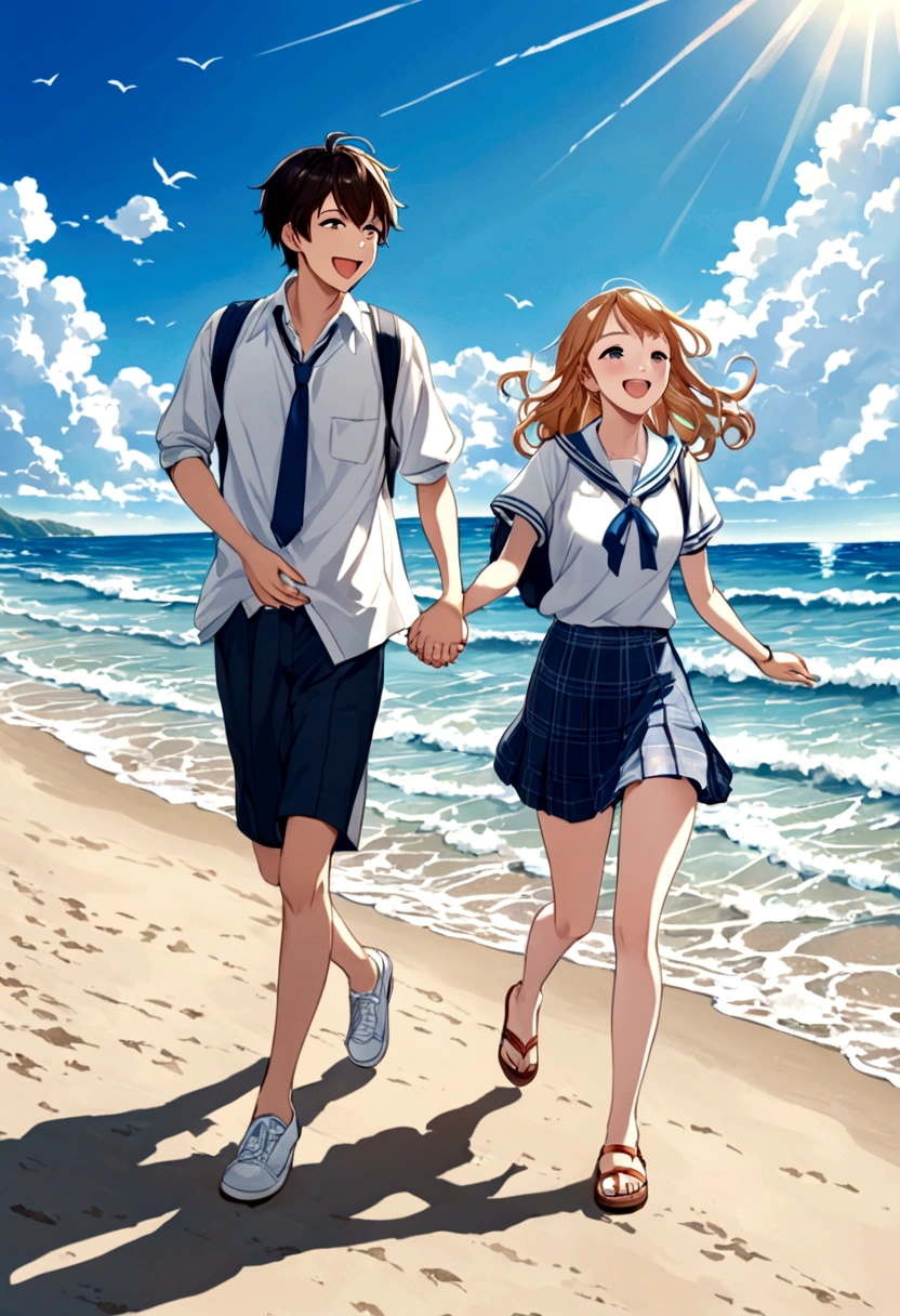 blue sky、White cloud、Good weather、sunny、sun、Ocean辺、Sandy Beach、Ocean、Wave、shell、High school boy、High school girl、Holding hands、looks fun、laughing、Walking、stroll、youth