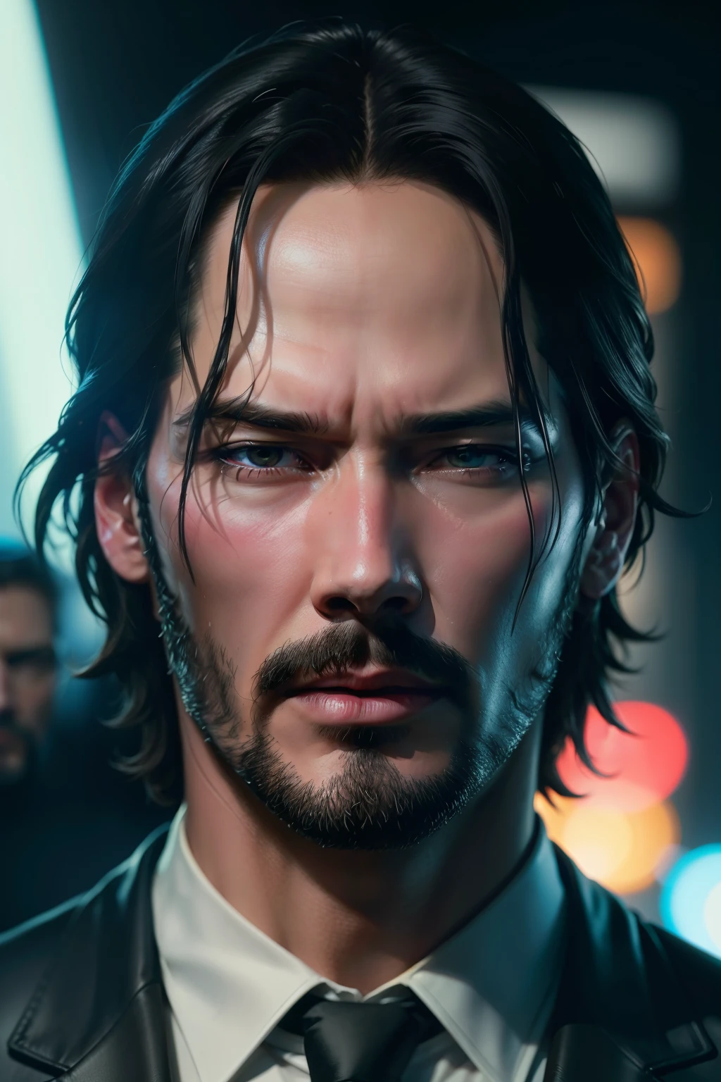 Keanu Reeves John wick frontal face close up portrait, cold neon lights, neon noir, masterpiece, best quality, photorealistic, ultra detailed.