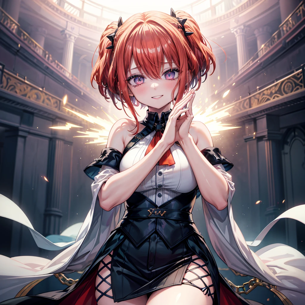 ((Highest quality)), ((masterpiece)), (detailed), (very short hair), ((nsfw)), standing, yandere, evil grin, blush, (blood), (pussy), show off nipple
Create an image of a ruthless female character named Calamity Ignis, belonging to the Versatile Order. She has a striking and menacing appearance with an aura of danger. Her hair is long and vibrant, resembling fireworks, with a mix of bright colors like red, orange, and yellow. Her eyes are sharp and predatory, glowing with a sinister light. She has a lithe and athletic build, with an air of agility and strength. Her cheeks are slightly flushed, and she has a wicked smile on her face, showing her delight in the chaos she causes.
Background: Set in a mystical, swirling vortex of energy with floating red threads and glowing symbols, creating an otherworldly atmosphere.
Pose and Expression: She stands confidently, holding a deadly weapon like a spiked chain or dual blades, ready for combat. Her expression is a mix of cruelty and delight, with flushed cheeks and a wicked smile that shows she enjoys the chaos and destruction she causes. Her eyes should reflect a sense of malicious joy, and her posture should convey readiness for action.
Outfit: Inspired by the provided image, she wears a detailed bodice with intricate gold embroidery and vibrant red and orange accents. The outfit includes a short skirt with high slits, revealing long, flowing ribbons and decorative elements. She has a fox mask as an accessory and other ornate decorations like flowers. Her outfit should have a mix of traditional and modern elements, combining intricate patterns with sharp armor pieces.
Additional Details: Her weapons should be detailed and menacing, reflecting her brutal nature. The spiked chain or dual blades should have intricate designs and a realistic, lethal appearance. The background should enhance her dangerous aura, with dramatic lighting and shadows that highlight her menacing presence. Her overall appearance should be dynamic and unsettling, capturing