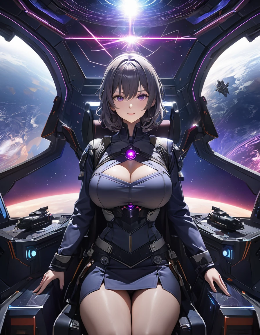 Beautiful mature woman,(High resolution,8k wallpaper,masterpiece,Highest quality,Depth of region,Anatomically accurate depiction),((女性universe飛行士:1.5)),(universe服),(Purple eyes,Large Breasts,),background:universe,(universe船の爆発,beam,laser,universe艦隊),cockpit,(((universe戦争)))