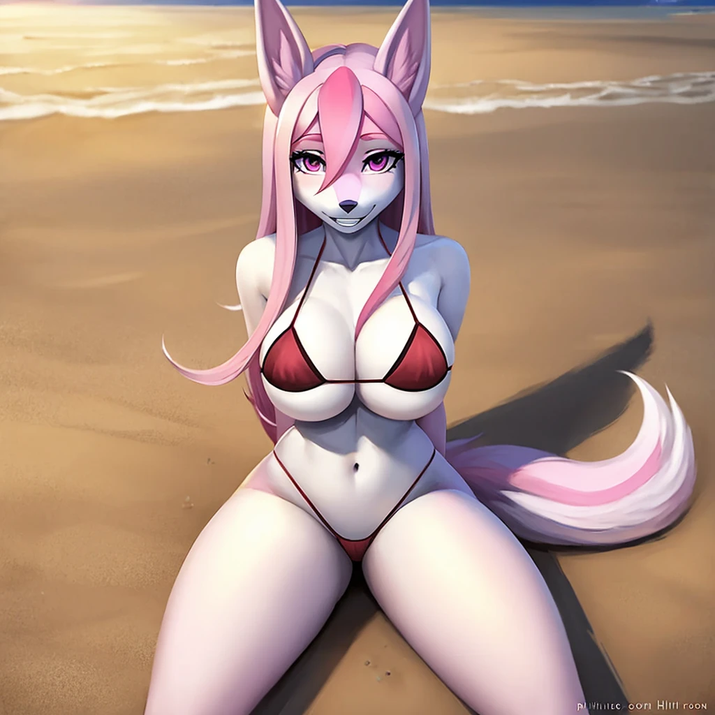 Nazuna_hiwatashi, anthropo, Female One, standing alone, fully body, mocking look, pink  hair, pink tail, peace sign, Pink Micro-Bikini,pantyrose(dental floss), seashore, sitting on the floor , Huge breasted, hips, thick-thighs, digitalpainting, extremely detaild, minute details, legs spread open, facing the spectator, gazing at viewer 