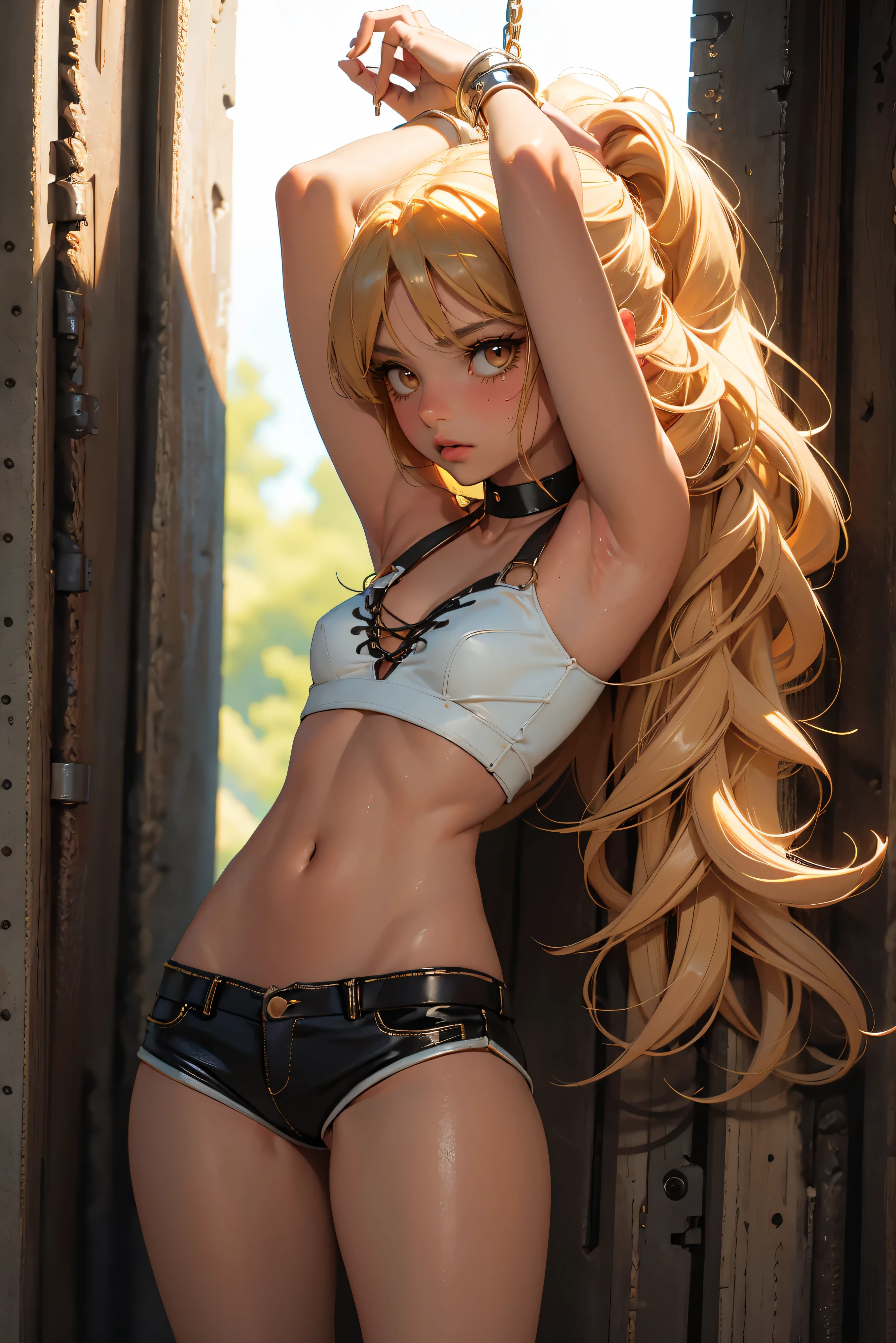 age girl-model 18 years old, hot slave naughty girl, beautiful, too much tanned, blonde, bob hair, bangs, brown eyes, beautiful figure, girl wearing crop shirt and too much short mini shorts, beautiful too much long legs, slave bracelets, slave choker, manicure, cute makeup, sweaty armpits, flirtatiously posing, hot summer, hot flirty, sexy posing, summer outfit, top quality, higest quality, pin-up style, retro 80s style, Daisy Dukes style,