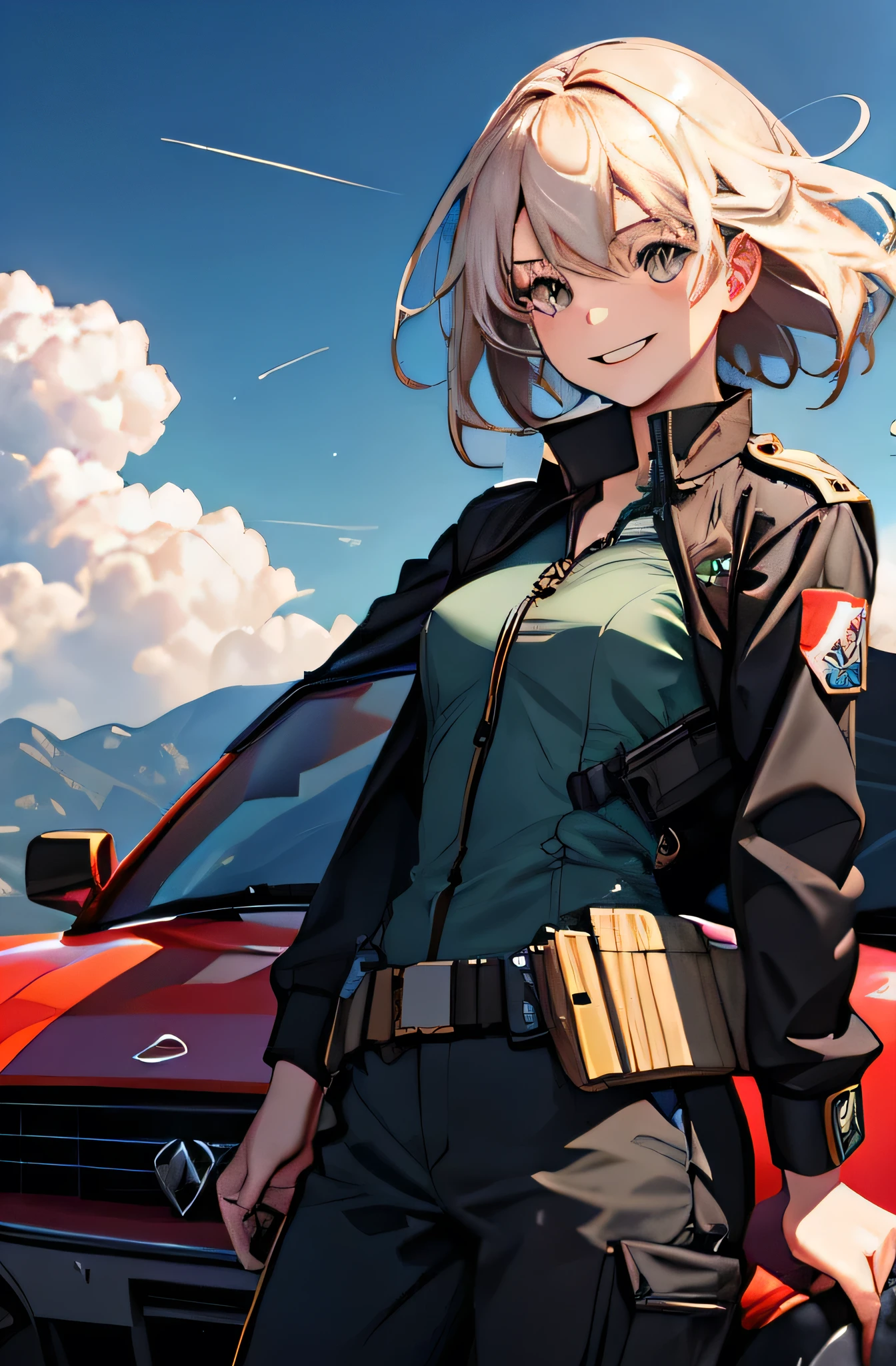 Girl in combat uniform,Drive a convertible,smile