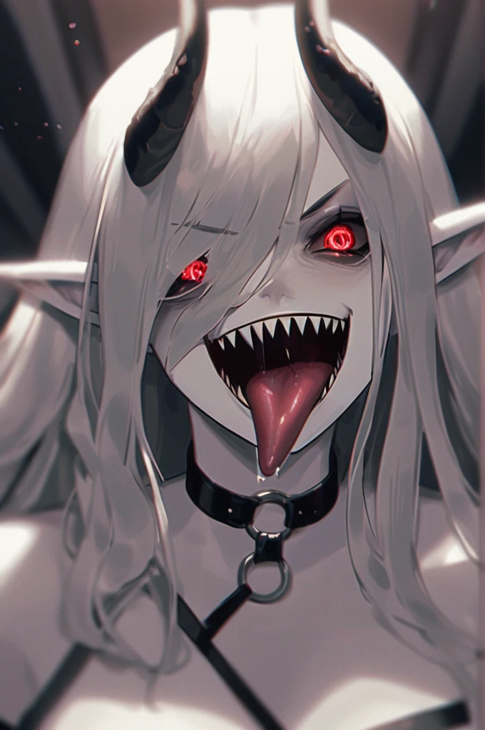 ((Лучшее качество)), ((шедевр)), (подробный), 1 girl, belt, black collar, black nails, blurred background, big breasts, white skin, depth of field, fangs, grabbing herself by the chest, horns, indoors, long hair, looking at the viewer, nail polish, o-ring, open mouth, naked, bandage, saliva , demonic eyes pointed ears, self-satisfaction, sharp teeth, smile, solo, teeth, tongue, stick out your tongue