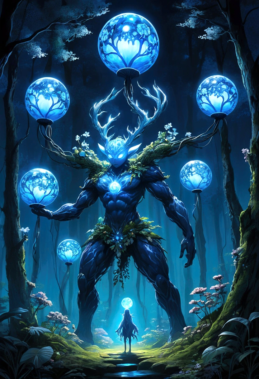 At night, the Forest Spirit transforms into the Night Walker or Daidarabotchi, a towering, translucent, and more abstract figure that glows with a blue light. In this form, the spirit's steps cause the vegetation to grow and wilt, highlighting its role as a giver and taker of life. Glowing floating flowery balls represent the essence of the forest