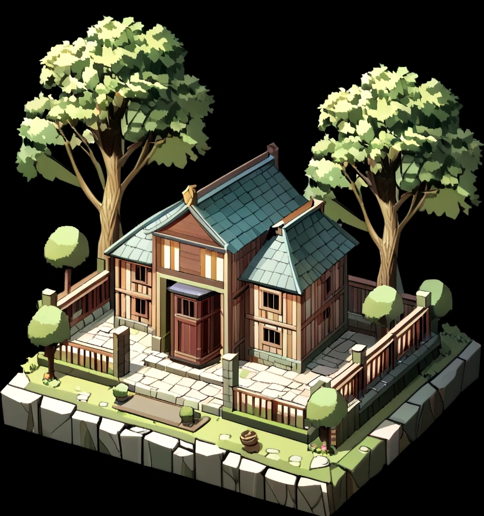 absurd, best quality, fancy, Isometric, style of playing (Shabby Korean-style building, 작은 tree :1.2), tree, stonewall, (black background:1.2)