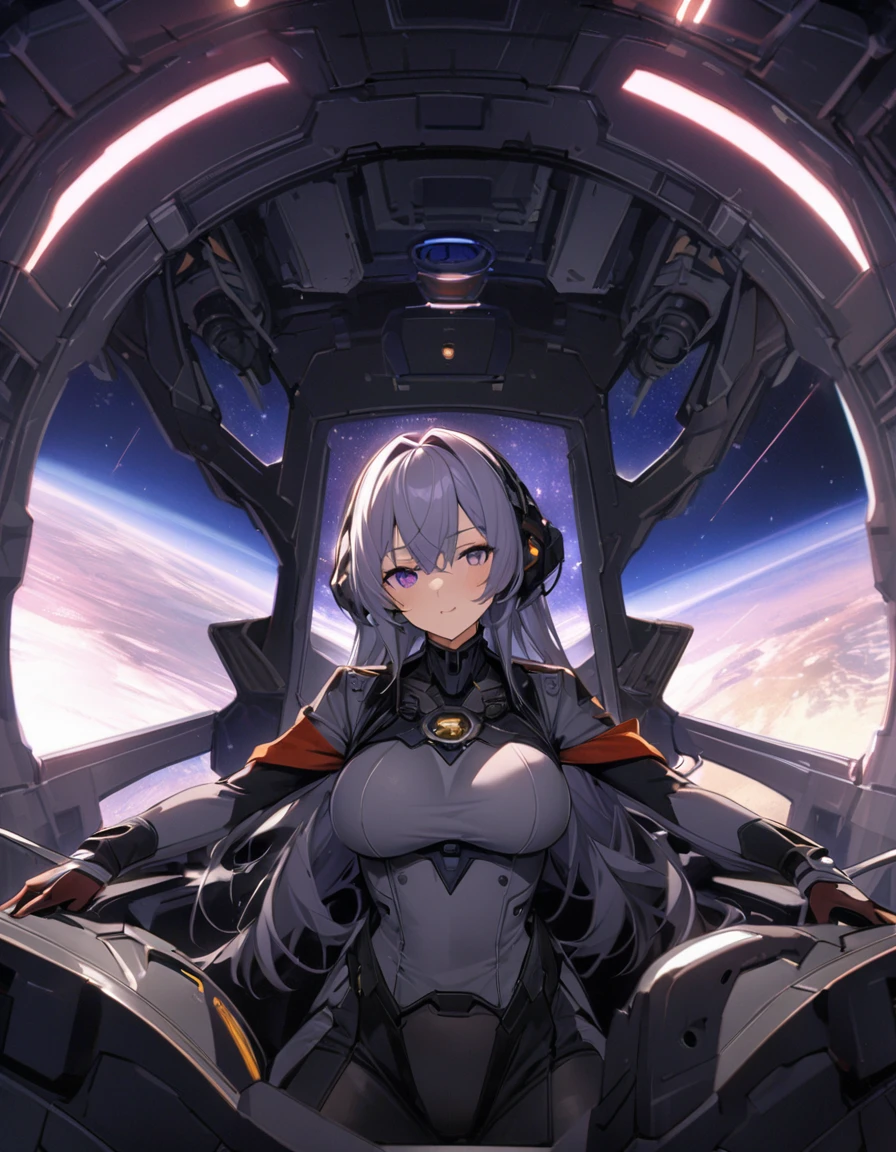 Beautiful mature woman,(High resolution,8k wallpaper,masterpiece,Highest quality,Depth of region,Anatomically accurate depiction),((女性universe飛行士:1.5)),(universe服),(Purple eyes,Large Breasts,),background:universe,(爆発するuniverse船,ビームを打つuniverse船,laser,universe艦隊),cockpit,(((universe戦争)))