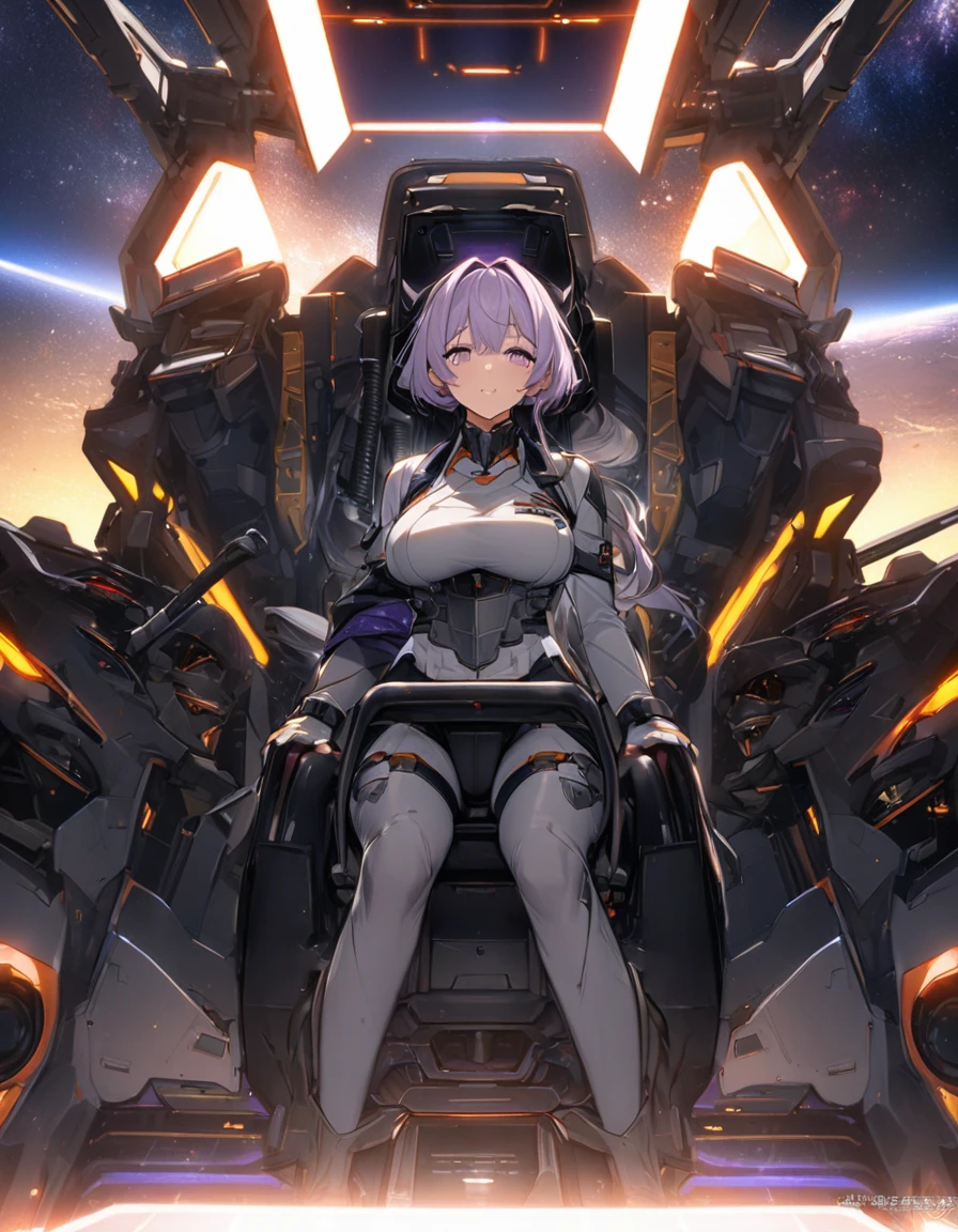 Beautiful mature woman,(High resolution,8k wallpaper,masterpiece,Highest quality,Depth of region,Anatomically accurate depiction),((女性universe飛行士:1.5)),(universe服),(Purple eyes,Large Breasts,),background:universe,(爆発するuniverse船,ビームを打つuniverse船,laser,universe艦隊),cockpit,(((universe戦争)))