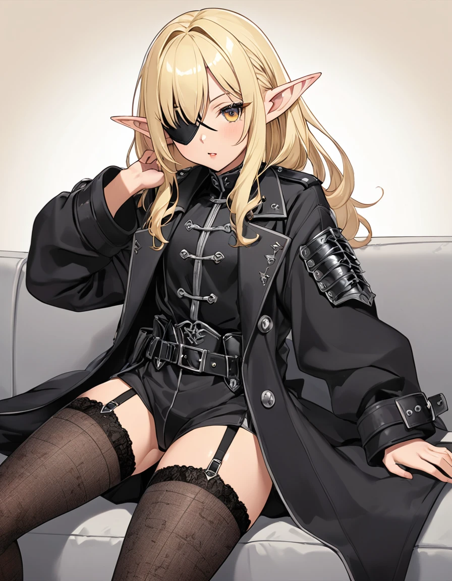 BREAK Perfect Anatomy、(High resolution:1.2)、Incredible illustrations、(Cute illustrations:1.2)、(Beautiful background)(Beautiful background,(on the couch))1gial((blonde hair,shiny hair,hair intakes:1.8,wavy long hair)(cockslut) (Black coat,Gothic combat uniform,,garter stockings,pointy ears,tan:1.7),eyepatch:1.8,) ),(a girl, 1.5meters, 40kg),,17-year-old,flat chest))((oversized clothes))