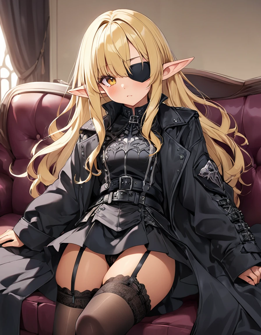 BREAK Perfect Anatomy、(High resolution:1.2)、Incredible illustrations、(Cute illustrations:1.2)、（Beautiful background）(Beautiful background,(on the couch))1gial((blonde hair,shiny hair,hair intakes:1.8,wavy long hair)(cockslut) (Black coat,Gothic combat uniform,,garter stockings,pointy ears,tan:1.7),eyepatch:1.8,) ),(a girl,  1.5meters, 40kg),,17-year-old,flat chest）)((oversized clothes))