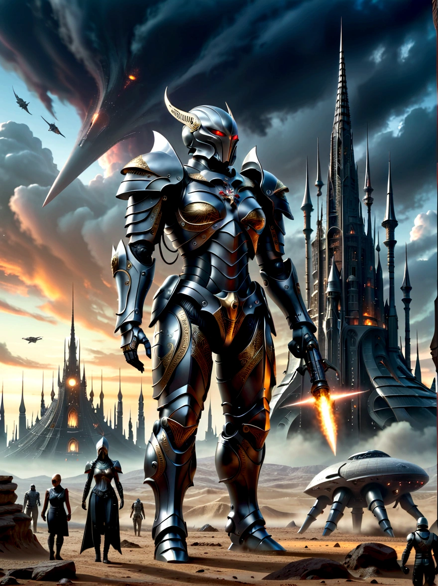 A detailed depiction of a gothic, sci-fi universe. A broad landscape stretches before us, with towering, spire-like structures rising to the sky, reminiscent of cathedral architecture, but on a grand, otherworldly scale. There's a dark, foreboding sky above filled with colossal, alien structures and spaceships. In the foreground, we see several armored humanoid figures, diverse in gender and race, donned in powerful, bulky suits of armor, embellished with symbols of their causes. Their weapons are menacing and elaborate, signifying the raw destructive power at their disposal. They stand firm, ready for the battles ahead.