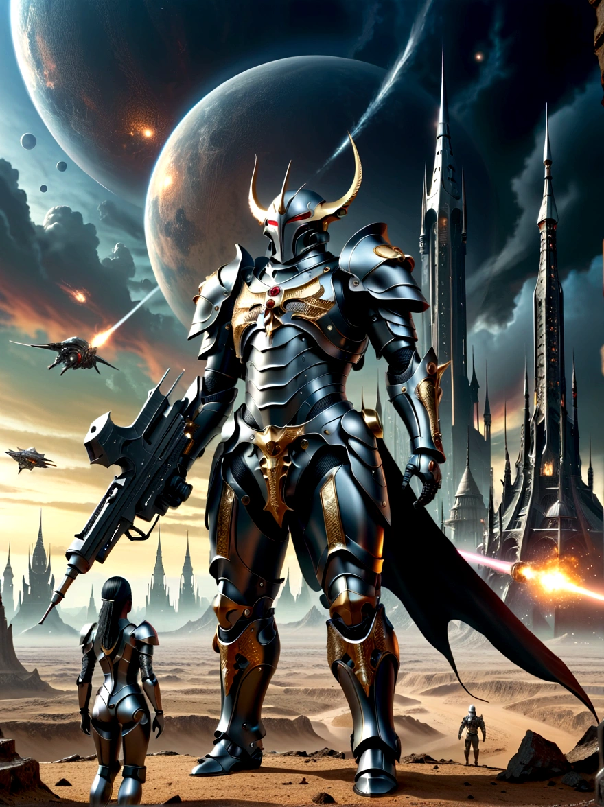 A detailed depiction of a gothic, sci-fi universe. A broad landscape stretches before us, with towering, spire-like structures rising to the sky, reminiscent of cathedral architecture, but on a grand, otherworldly scale. There's a dark, foreboding sky above filled with colossal, alien structures and spaceships. In the foreground, we see several armored humanoid figures, diverse in gender and race, donned in powerful, bulky suits of armor, embellished with symbols of their causes. Their weapons are menacing and elaborate, signifying the raw destructive power at their disposal. They stand firm, ready for the battles ahead.