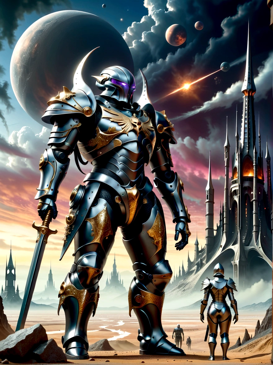 A detailed depiction of a gothic, sci-fi universe. A broad landscape stretches before us, with towering, spire-like structures rising to the sky, reminiscent of cathedral architecture, but on a grand, otherworldly scale. There's a dark, foreboding sky above filled with colossal, alien structures and spaceships. In the foreground, we see several armored humanoid figures, diverse in gender and race, donned in powerful, bulky suits of armor, embellished with symbols of their causes. Their weapons are menacing and elaborate, signifying the raw destructive power at their disposal. They stand firm, ready for the battles ahead.