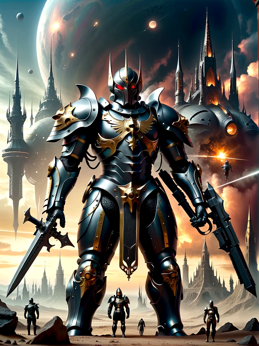 A detailed depiction of a gothic, sci-fi universe. A broad landscape stretches before us, with towering, spire-like structures rising to the sky, reminiscent of cathedral architecture, but on a grand, otherworldly scale. There's a dark, foreboding sky above filled with colossal, alien structures and spaceships. In the foreground, we see several armored humanoid figures, diverse in gender and race, donned in powerful, bulky suits of armor, embellished with symbols of their causes. Their weapons are menacing and elaborate, signifying the raw destructive power at their disposal. They stand firm, ready for the battles ahead.