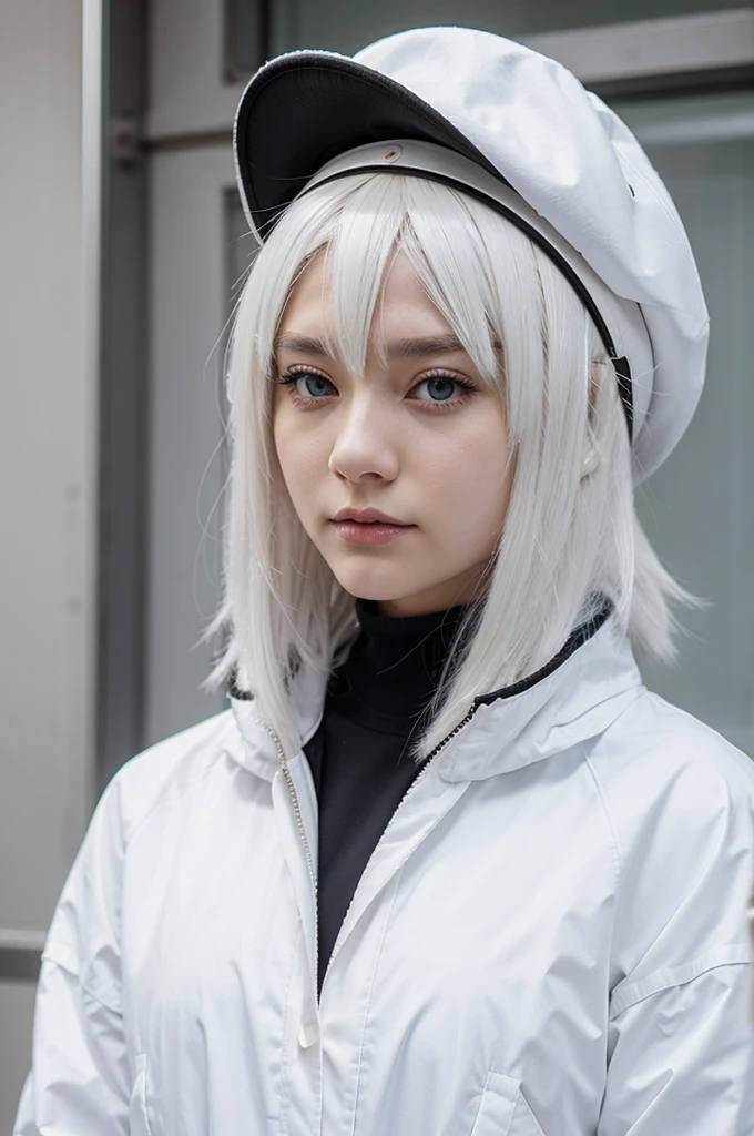 White hair anime girl wears a white hat and black jackets