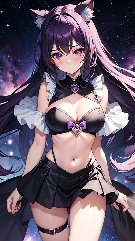 Magical girl　Black costume　mini skirt　Purple long hair　Great style　Large breasts　blush　Embarrassed　universe space