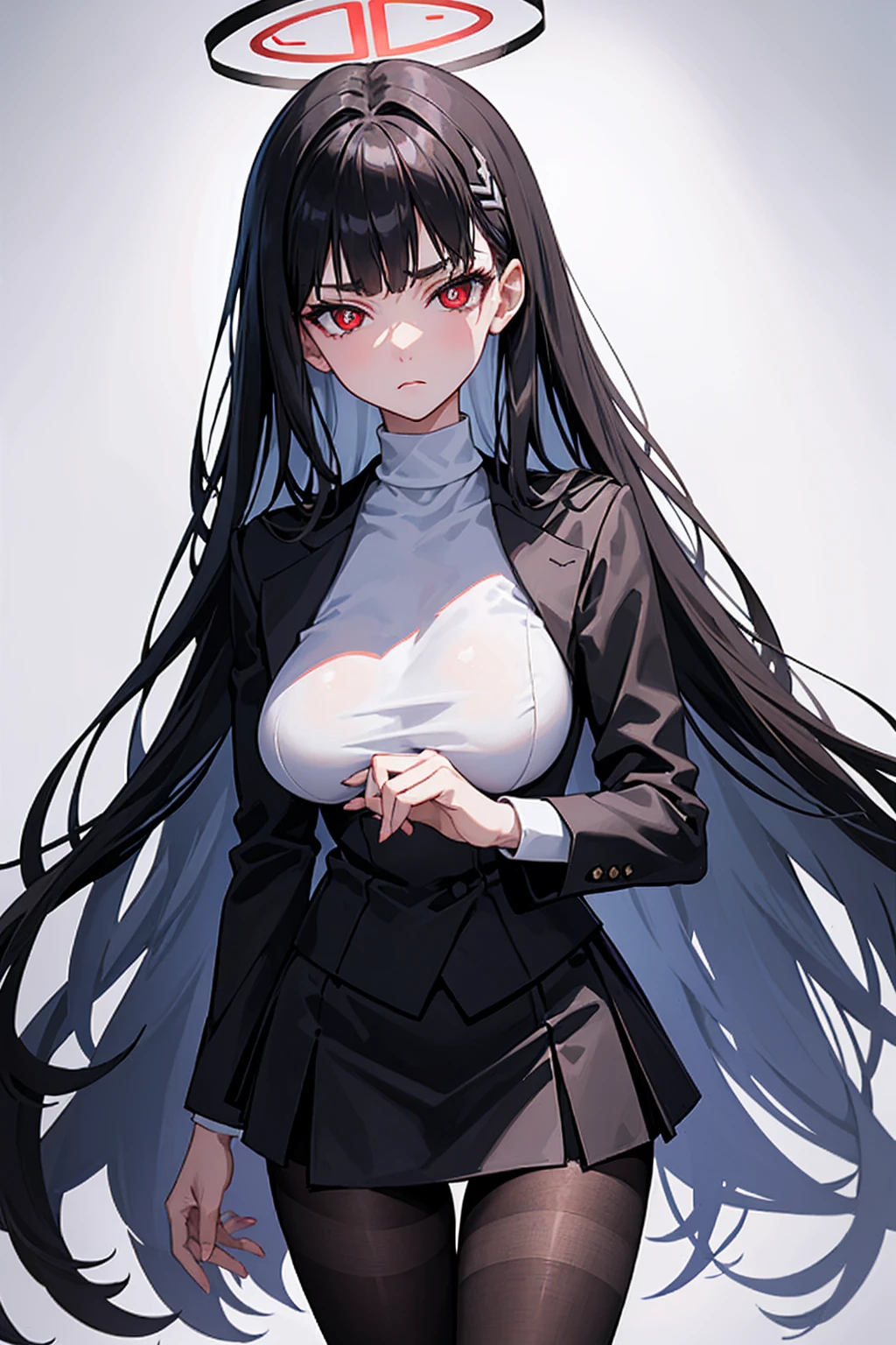 beautiful face, tall, long leg, 1girl, big breasts, (bokeh photography:1.1), rio \(blue archive\),halo, red eyes, white Turtleneck and black suit, white Turtleneck, black suit, black mini skirt, short skirt, black stocking, panty stocking, pantyhose, black hair, standing, white background, full body illustration, expressionless, dead eyes, cold eyes, cold-hearted, looking down, a cruel look, hate, contempt face