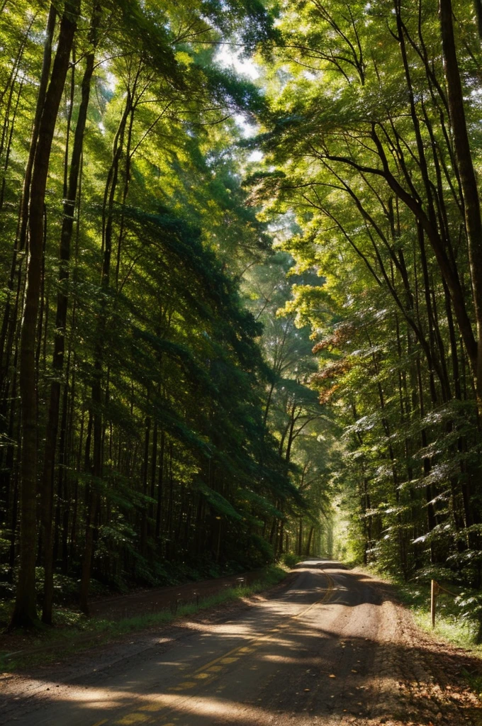 A dirt road runs through a dense forest with tall trees and bushes on the sides. Sunlight filters through the canopy of leaves. The road curves in the distance.