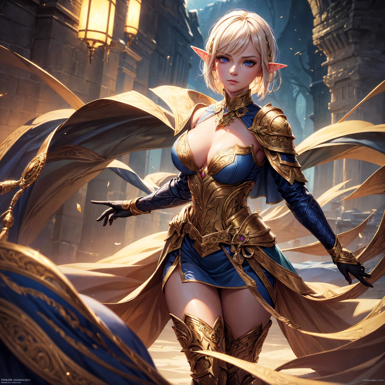 1girl, elf, short bob hair, gold hair!!!, very small breasts, long pointed ears, blue eyes, fair skin, happy face, white heavy armor plate, full body, full body, night, dark cave, light magic, very sexy body, detailed face, beautiful detailed eyes, beautiful detailed lips, extremely detailed eyes and face, long eyelashes, detailed clothing, intricate details, highly detailed, photo realistic, 8k, best quality, masterpiece, cinematic lighting, dramatic lighting, vibrant colors, fantasy, digital art, concept art