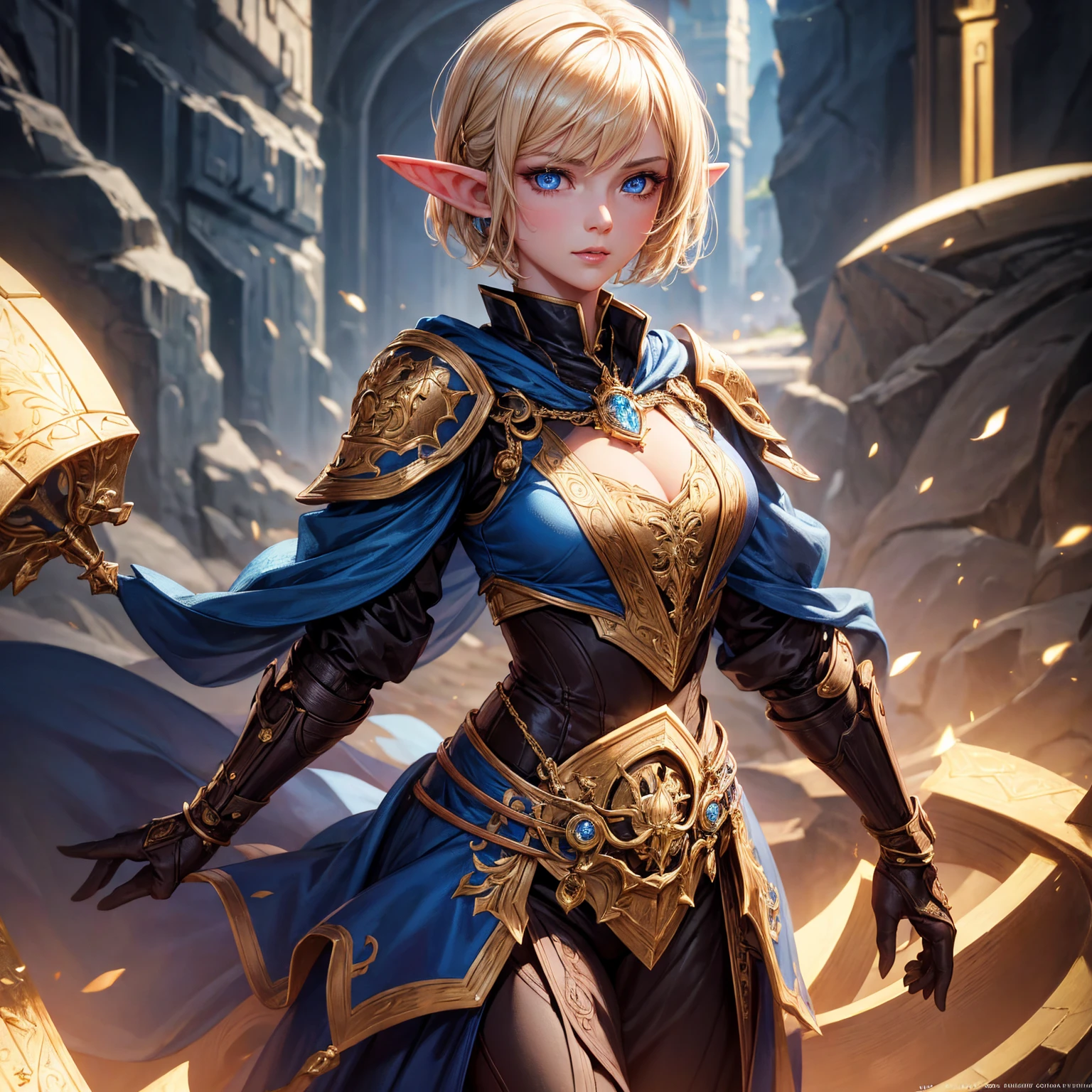 1girl, elf, short bob hair, gold hair!!!, very small breasts, long pointed ears, blue eyes, fair skin, happy face, white heavy armor plate,  full body, full body, night, dark cave, light magic, very sexy body, detailed face, beautiful detailed eyes, beautiful detailed lips, extremely detailed eyes and face, long eyelashes, detailed clothing, intricate details, highly detailed, photo realistic, 8k, best quality, masterpiece, cinematic lighting, dramatic lighting, vibrant colors, fantasy, digital art, concept art