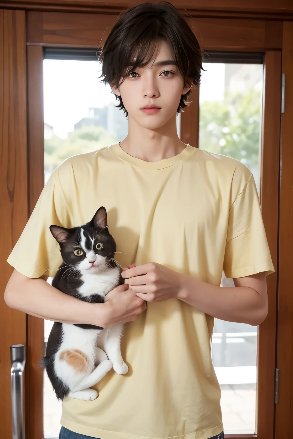 Draw a boy in his second year of high school.. He is a thin boy, about 169cm tall, and his face is very handsome, like that of a cat.. The eye color is dark yellow.. The hair is a short bob, yellow, and the roots are not dyed, so the top is black and looks like pudding.. My skin is white and I&#39;m on the volleyball team., I like to play games and stay at home. The outfit is a red jacket over a white hood, and the bottoms are long red pants with white stripes on both sides as an accent.