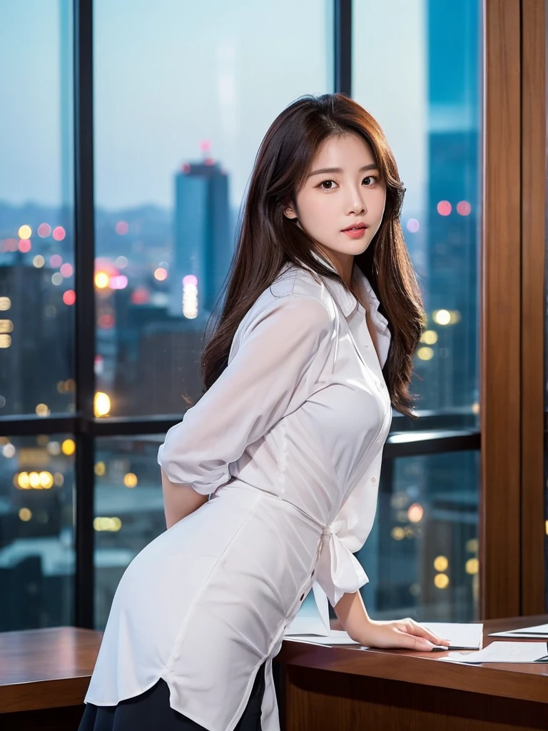 Han Julie is a young Korean woman in her 28s. Her hair is long in a dark color. 
Her face is oval and marked by her large brown eyes, which carry a cold, unexpressive face. Her skin is radiant and clear, presenting an impeccable state of health and her curved lips. 
Her height is medium, her body athletic and defined, with the most charming and provocative. It contrasts and matches their personalities. 
She stands in her office with her back to the glassware marked by the view of the city in night  on her back, wearing a white shirt with loose tie while undoing 