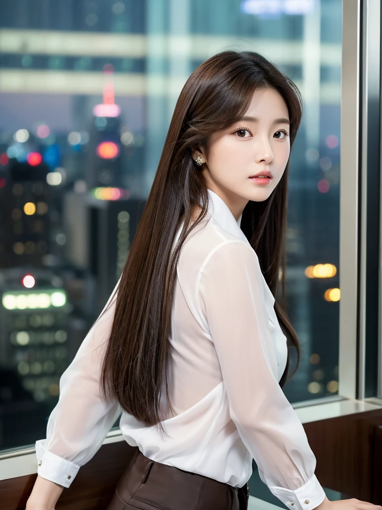Han Julie is a young Korean woman in her 28s. Her hair is long in a dark color.
Her face is oval and marked by her large brown eyes, which carry a cold, unexpressive face. Her skin is radiant and clear, presenting an impeccable state of health and her curved lips.
Her height is medium, her body athletic and defined, with the most charming and provocative. It contrasts and matches their personalities.
She stands in her office with her back to the glassware marked by the view of the city in night on her back, wearing a white shirt with loose tie while undoing