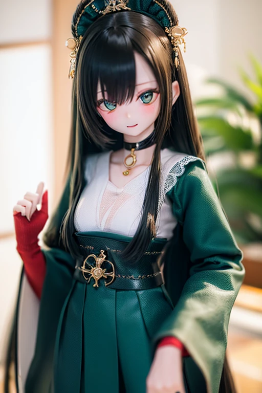 (SFW:2), photorealistic, realistic photo, ((highest quality)), ((masterpiece)), ((extremely detailed)), kukolnydom, doll, (mature woman, 20yo, 20 years old:1.6), solo, ((cowboy shot, dynamic pose, skinny, slender, slim, T shirt, hot pants, choker)), green eyes, light smile, parted lips, (black hair, long hair, looking at another, blank eyes, empty eyes, detailed eyes, detailed clothes:1.3), room, 8k