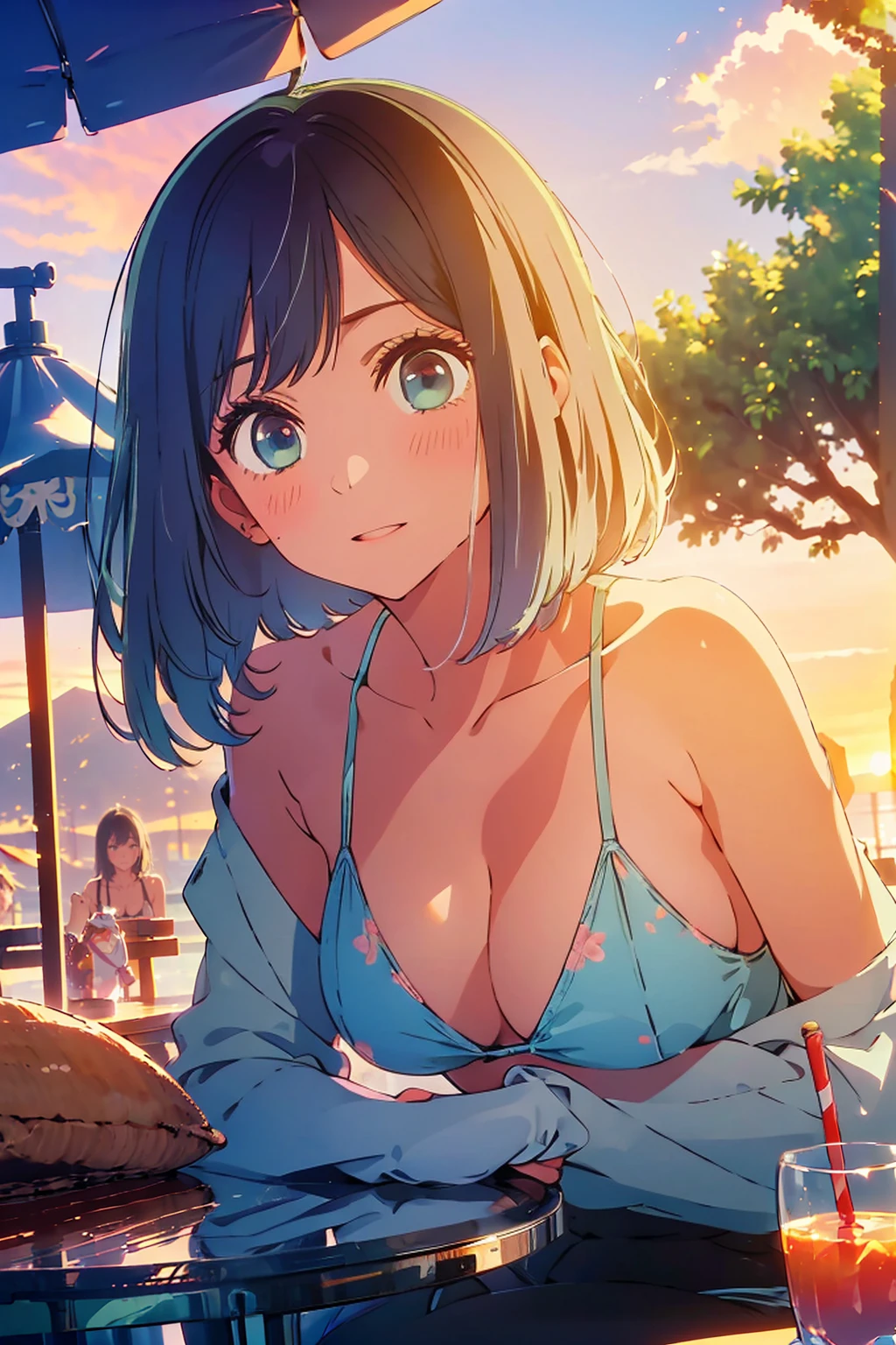 (Highest quality:1.4、masterpiece:1.4、Super detailed:1.4、8K:1.4)、F cup bust、Big Breasts、Slim body、((((1 person、Surprised expression、sit、In the background are the urban buildings of Tokyo、looking at the camera、Outdoor café terrace、Sunset Beach、Navy hair color、juice、From an angle、table、sunset、Very cute face))))、((nude、Areola、bikini size too small))、Big eyes、((((Shallow depth of field))))、Holding a glass