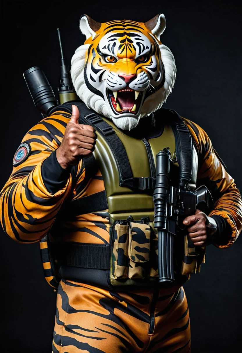 (a dark-skinned fat muscular old man in a bulky camouflage zipper diver suit) carrying a gun and (wearing realistic roaring siberian tiger mask), thumbs up, muscular, Basuki Abdullah, sumatraism, action, a character portrait, heroic, fierce, snarling