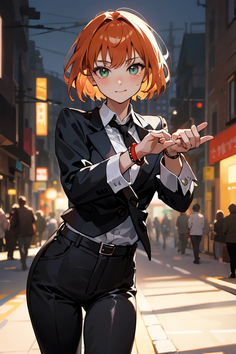 masterpiece, best quality, highly detailed background, perfect lighting, best quality, (extremely detailed face), volumetric lighting, intricate details, shadow, tonemapping, sharp focus, hyper detailed, trending on Artstation, (solo)
BREAK
(Blush, orange hair, green eyes, 25 years old, short hair, medium build, medium breasts ), (hands)
BREAK
((White shirt, long sleeve shirt, black pants, black tie, red bracelet))
BREAK
(city street )
BREAK
(Standing, facing_viewer,looking_at_viewer, light smile, closed mouth, (fighting pose))
