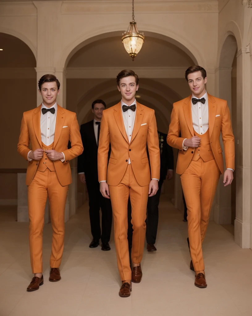 Group of rich and smart boys in orange tuxedos for a wedding , ultra realistic 