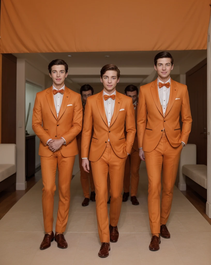 Group of rich and smart boys in orange tuxedos for a wedding , ultra realistic 