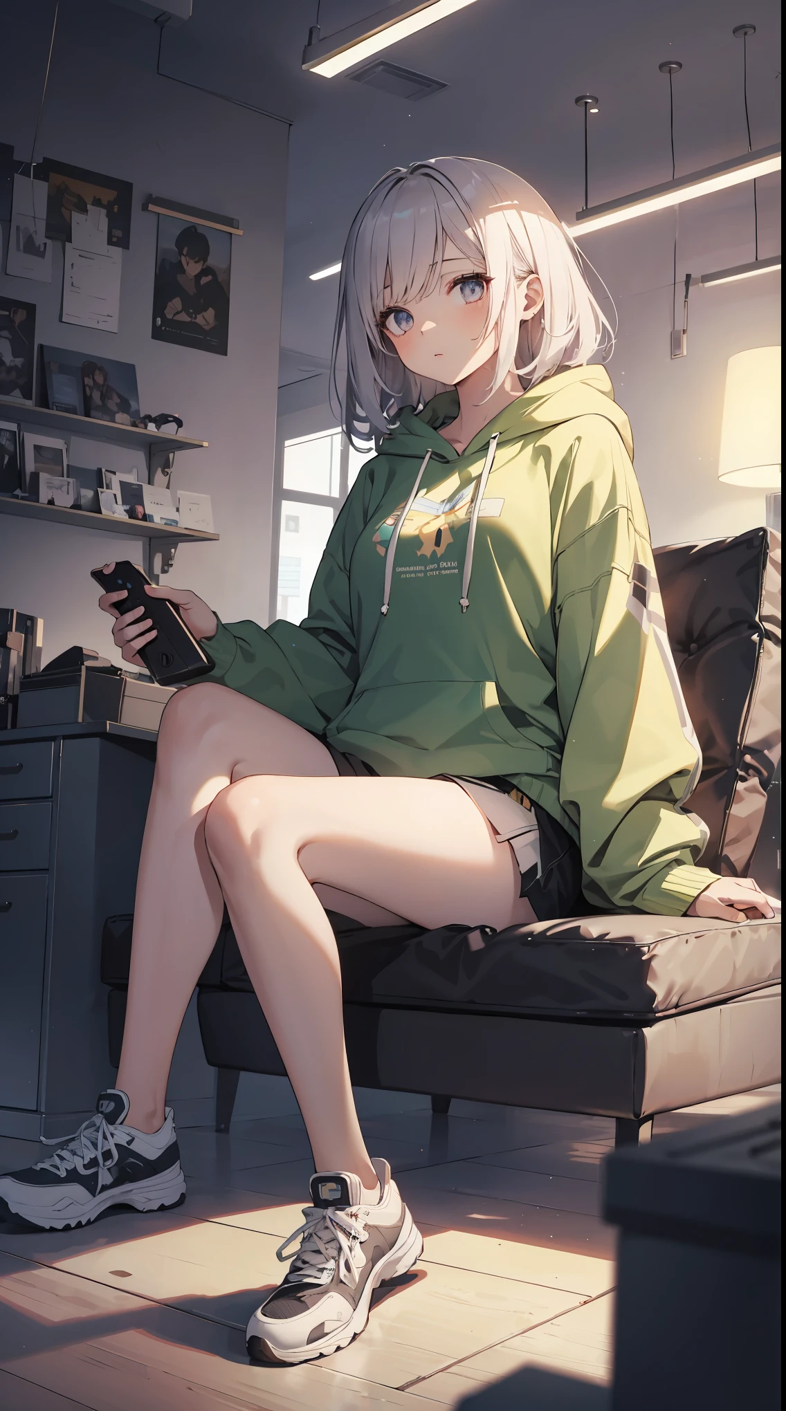 This illustration depicts a cute girl playing a game in her living room. She holds a game controller in her hand and her eyes sparkle. The room has a neon-colored wall and a dimly lit futuristic feel. However, the most noteworthy thing is the "last mysterious high-energy body" she emits. This energy body released from her body has the power to obliterate the garbage in the store. The pale light reaches every corner of the room. He is sitting cross-legged in a large chair and is wearing a hoodie. I'm obsessed with the game.