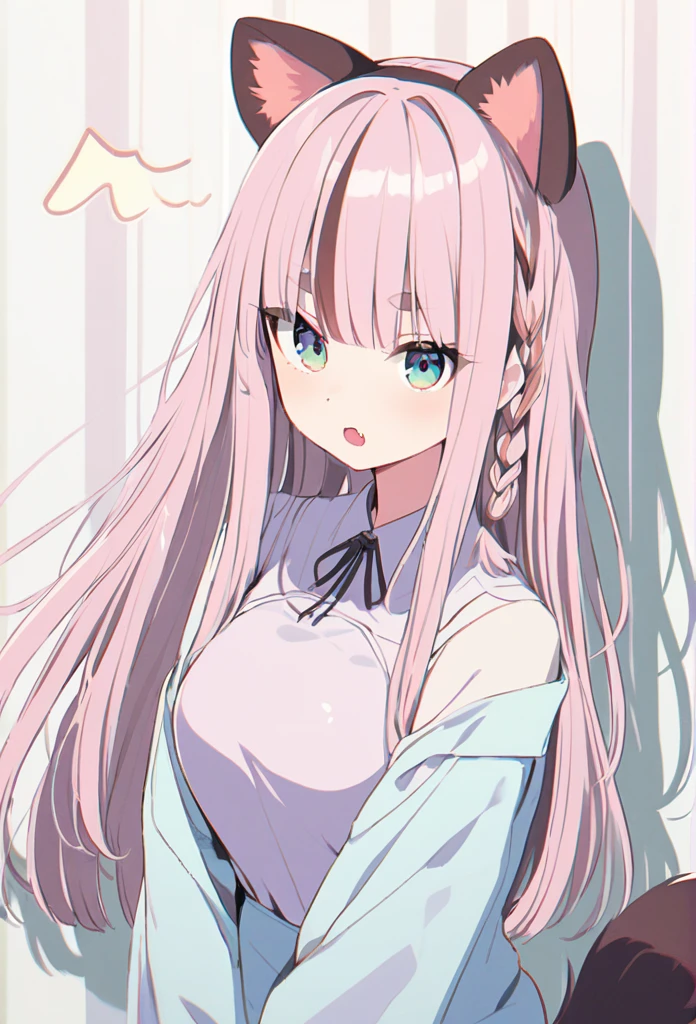 anime,(pale colors:1.8),long shot, 1girl, (on right:1.3), solo, cat mouth, dynamic angle, fang,  pink hair, long hair, straight hair, racoon ears, racoon tail, (brown streaked hair:1.3), side braid, (blunt bangs) ,thick eyebrows, big breast, off shoulder clothes, cutout,  striped background, shadow, 