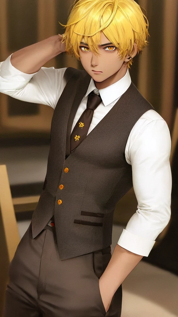 fair brown-skinned, shorth hair, shirt Yellow, eyes black, fully body, male focus, waistcoat, yellow hair,
