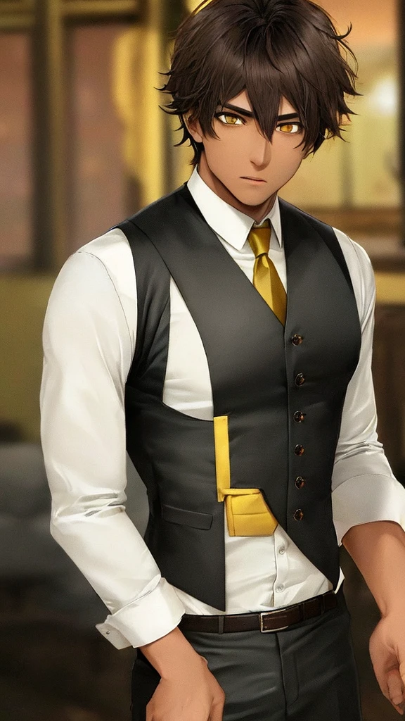fair brown-skinned, shorth hair, shirt Yellow, eyes black, fully body, male focus, waistcoat, yellow hair,