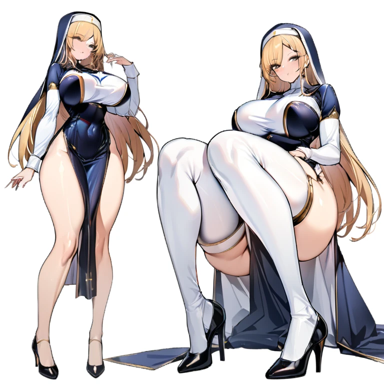 (Oda non style),(8K, best quality, masterpiece:1.2),\(Eye details\),\(Facial features details\),(\(Clothes details details\)\),(1 girl:1.3),独奏,full body,36 years old,mature female,((milf)),tall and giant body,((blonde hair)),gray pupil,(long straight hair:1.2),((middles bangs)),(large breasts),huge_breasts,(Pointed and firm breasts),Long legs.battle nun,(Sexy nun dress:1.2)+(thigh large outcuting:1.25),bare thigh,high heels.{The character is in a sacred church},