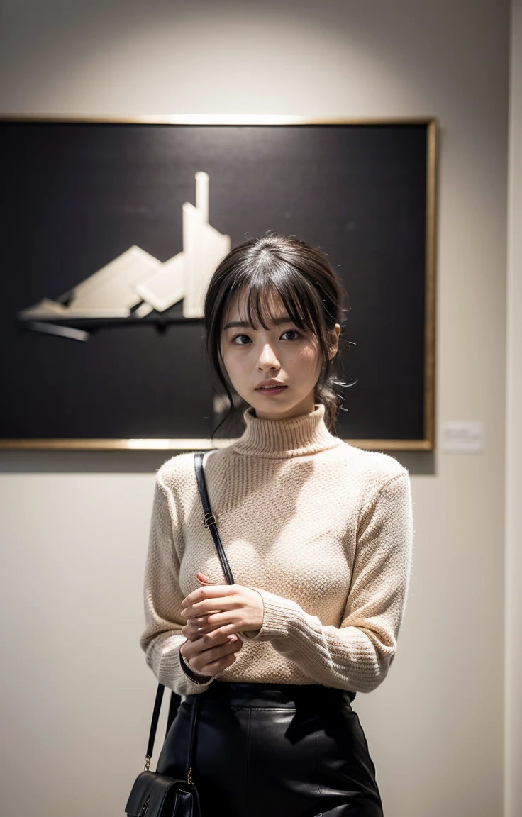 A woman with short black hair and brown eyes、Standing in a contemporary museum exhibition room。She wore a simple yet sophisticated black turtleneck sweater、Wearing grey slacks。In the background, a piece of contemporary art hangs on the wall.、White walls and spacious々The spacious space creates a sophisticated atmosphere.。She is fascinated by the artwork.、The serious expression is impressive.。A minimalist shoulder bag on the shoulder、A silver watch completes her modern and stylish look.。In the silence of the exhibition room、Her intellectual and sophisticated charm stands out.。